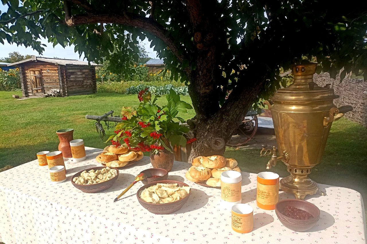 трапеза с кружками из шукшинской серии у дома детства Шукшина_Наталья Дронова_pfci.grants.jpg